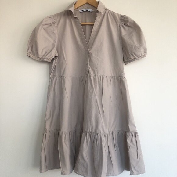 Zara short sleeve collared baby doll dress cotton Beige Small Lightweight Loose - Picture 5 of 10
